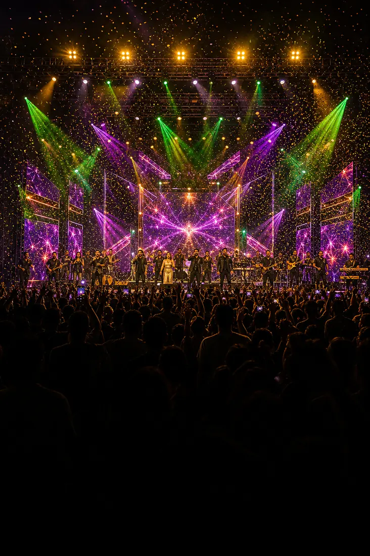 Orchestra booking in Malappuram with stage lights and singers